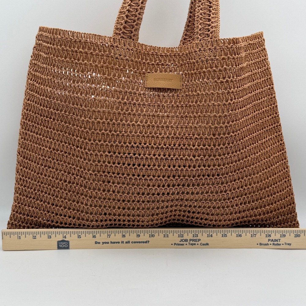 Burberry Woven Raffia Tote Bag Brown Tan Leather Logo Patch Shopper Beach Bag - Picture 8 of 9